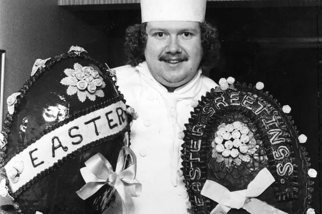 Some decadent chocolate work from Robin Jackson, who was making giant Easter Eggs for charity in 1979. This pictured is dated April 11 of that year.
