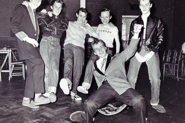 Parson Cross Teddy Boys held a sponsored 'Rock 'n Roll' at St. Bernard's Church Hall, Southey Hill, Sheffield, in aid of the St. Cecilia's Church, Parson Cross, boiler fund in August 1979.
l/r Roger Peacock 14, Andrew Ledger 14, Paul Wilson 15, Cameron Whiteley 14, Tony Brookes 14, and front Martin Ledger 16