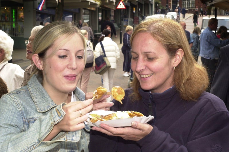 Eating Dutch Pancakes are beauty therapists Natalie Muscroft and Odette Edley pictured in 2003.