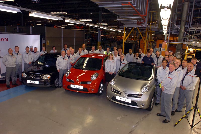 Nissan staff with some of the Sunderland-built Micras on the last day of production of Micras at the plant in 2010.