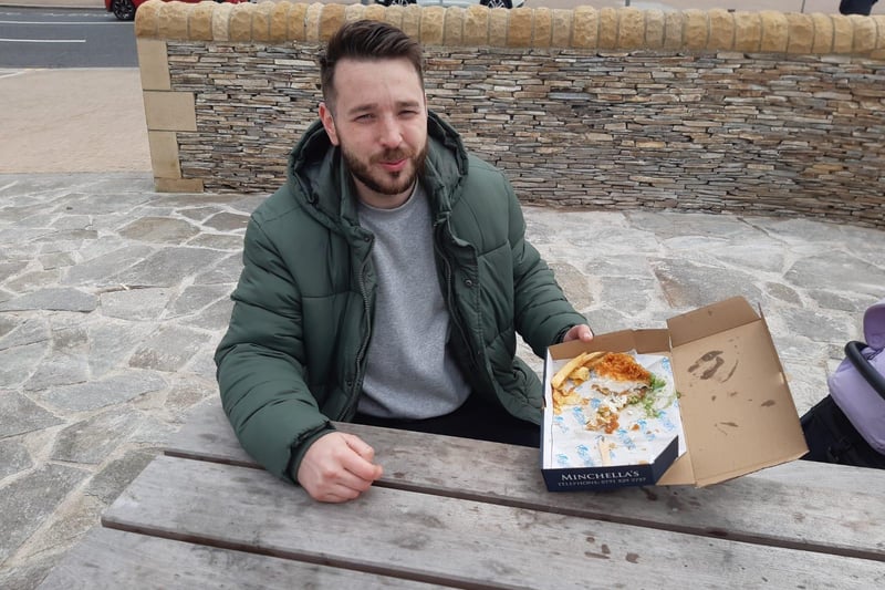 Callum Hopper is almost finished his fish and chips.