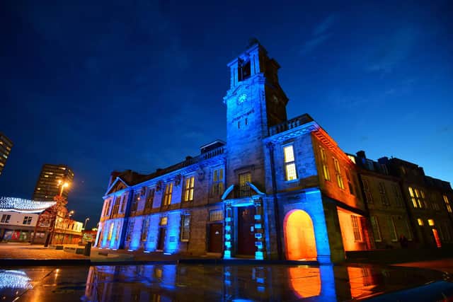 Keel Square lit up in blue