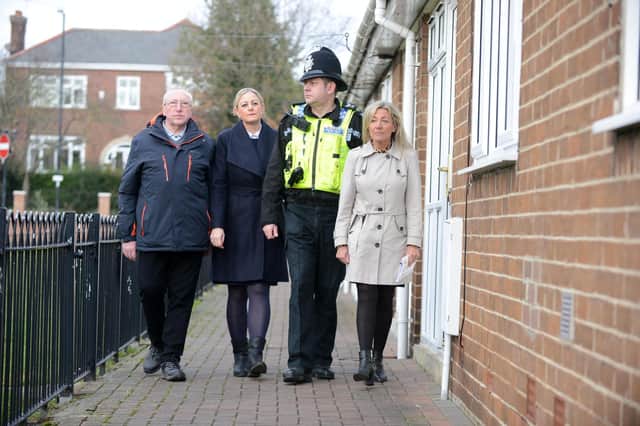 Operation Avalanche taking place on the streets of Hetton in January to tackle anti-social behaviour. From left: Coun James Blackburn, Sunderland Council ASBO officers Julie Charles and Gillian Coates with Sergeant Simon Marshall