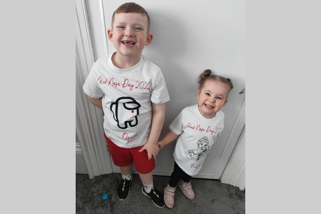 Oscar, age 6, and Freya, age 3, are ready to do their bit for Comic Relief.