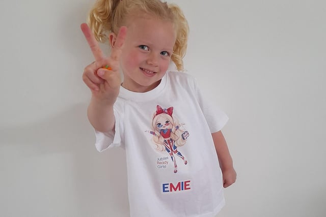 Emie Schakel dons her Jubilee t-shirt for the day at Little Angels Nursery.