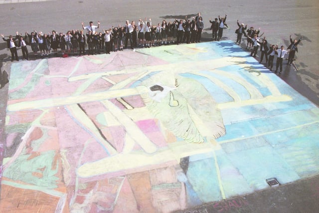 A massive chalk pavement replica of Van Gogh's Chair and Pipe was put together by children at Southmoor School. Were you one of the pupils from Class 7 Tyne S  and Class 7 Tees who helped to create it?