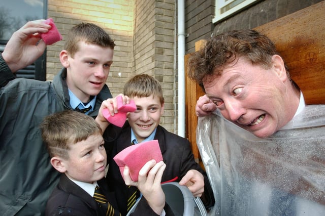It was sponge a teacher day at St Aidan's RC School in 2004 and Rory O'Mohony was the victim in the stock. Jonny Hope, Simon Gunn and John Redpath were the pupils armed with sponges.