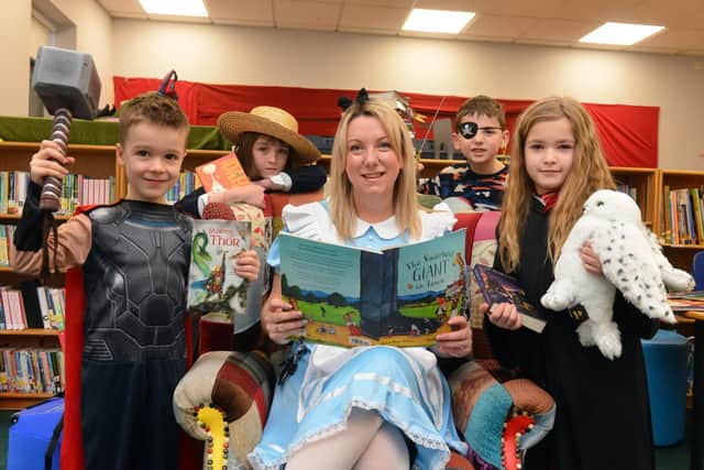 Fatfield Academy Inspires deputy headteacher Nicky Dowdle celebrates World Book Day with pupils at the school.
