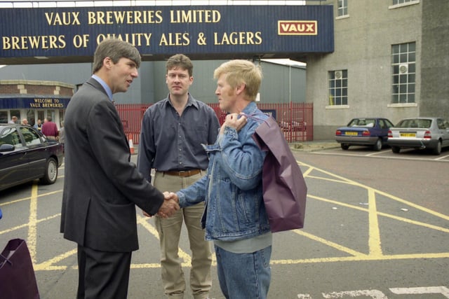 Frank Nicholson with Vaux workers on their last day in July 1999.