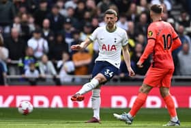 Tottenham Hotspur's French defender Clement Lenglet passes the ball during the English Premier League football match between Tottenham Hotspur and Brighton and Hove Albion at Tottenham Hotspur Stadium in London, on April 8, 2023. (Photo by Ben Stansall / AFP)