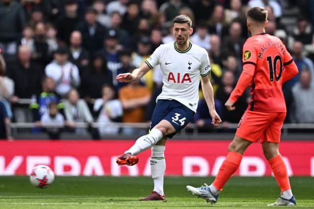 Tottenham Hotspur's French defender Clement Lenglet passes the ball during the English Premier League football match between Tottenham Hotspur and Brighton and Hove Albion at Tottenham Hotspur Stadium in London, on April 8, 2023. (Photo by Ben Stansall / AFP)