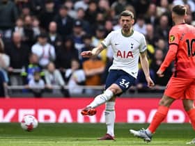Tottenham Hotspur's French defender Clement Lenglet passes the ball during the English Premier League football match between Tottenham Hotspur and Brighton and Hove Albion at Tottenham Hotspur Stadium in London, on April 8, 2023. (Photo by Ben Stansall / AFP)