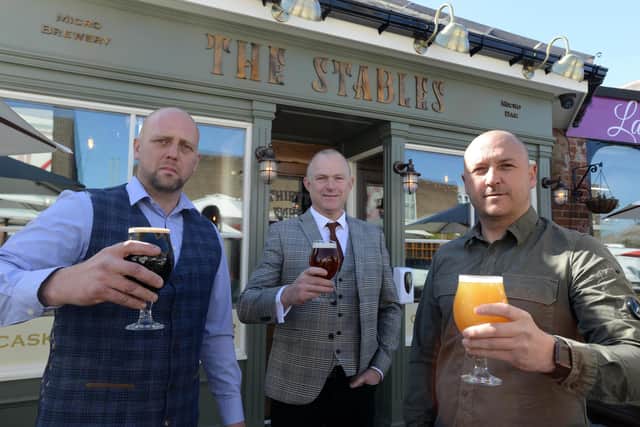 The Stables micro bar and brewery in Cleadon. Owners from left Robert Johnson, Peter Bengston and Lee Pescod in the outdoor garden.