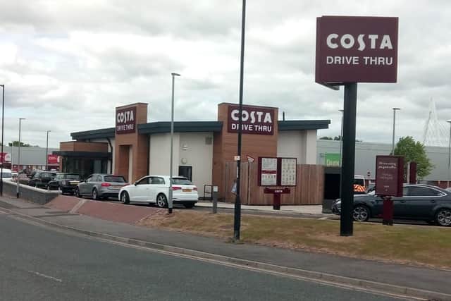 Cars queue outside Costa Coffee, in Pallion, Sunderland, as the High Street giant reopened the first of its Sunderland branches following lockdown.