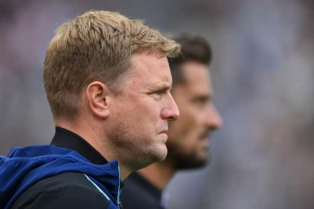 Newcastle United manager Eddie Howe (l) and assistant Jason Tindall watch from the sidelines during the Premier League match between Newcastle United and Crystal Palace at St. James Park on September 03, 2022 in Newcastle upon Tyne, England. (Photo by Stu Forster/Getty Images)