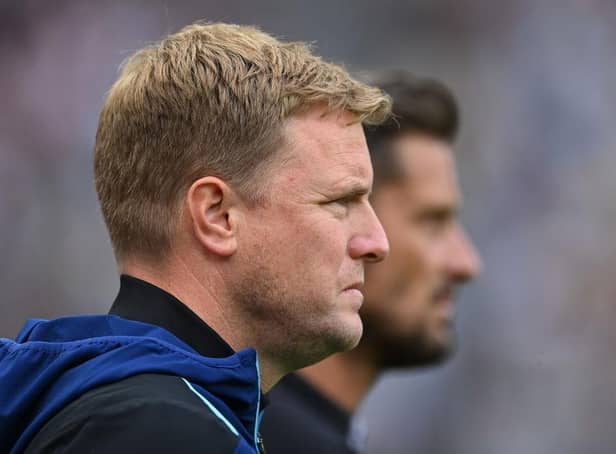 Newcastle United manager Eddie Howe (l) and assistant Jason Tindall watch from the sidelines during the Premier League match between Newcastle United and Crystal Palace at St. James Park on September 03, 2022 in Newcastle upon Tyne, England. (Photo by Stu Forster/Getty Images)