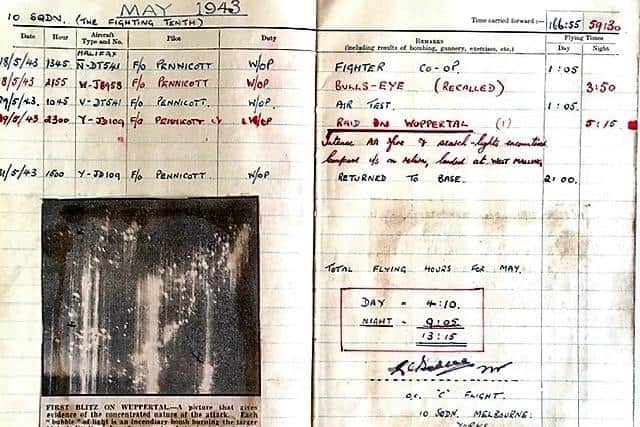 An extract from the RAF logbook after Jack’s first raid, on Wuppertal in May 1943.