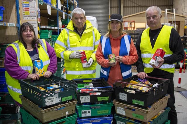 Staff and volunteers at Sunderland Food Bank. Gill Armer, Eddie Tracey, Simone Green and Paul Collins who are showing some of the goods that are in need.