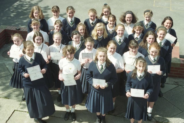 Pupils in Year 7 and 8 of St Anthony's Girls School with their UK Schools Junior Mathematic Challenge certificates. Recognise anyone in this 1994 photo?