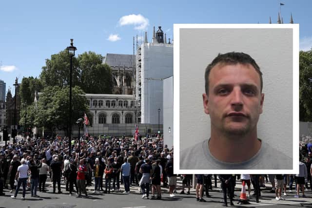 Daniel Allan, 35, has been sentenced to 28 months in prison after he admitted kicking a police officer during violent protests in Westminster during locking in June