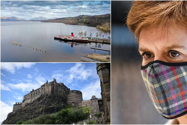Scottish First Minister Nicola Sturgeon (right) wearing a face covering. Popular Scottish tourist destinations Edinburgh Castle (bottom left) and Loch Lomond (top left) also pictured.