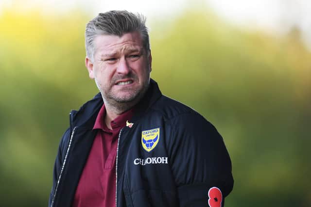 OXFORD, ENGLAND - NOVEMBER 07: Karl Robinson, Manager of Oxford United looks on prior to the Emirates FA Cup First Round match between Oxford United and Bristol Rovers at Kassam Stadium on November 07, 2021 in Oxford, England. (Photo by Alex Burstow/Getty Images)