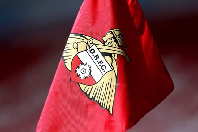 A detailed view of a Doncaster Rovers corner flag.