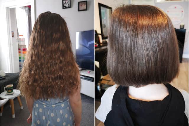 Before and after - Lily had eight inches of hair cut off.