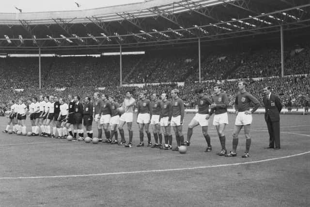 The two teams at Wembley Stadium in London during the World Cup Final between England and West Germany in 1966. Picture: Evening Standard/Hulton Archive/Getty Images.