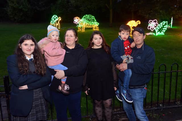Dave Heaney and Diane Heaney with children Sophie Finley, 16, Sylvia Heaney, 3, Blake Heaney, 6 and Alexia Finley, 13, at the Festival of Light preview night at Roker Park.
