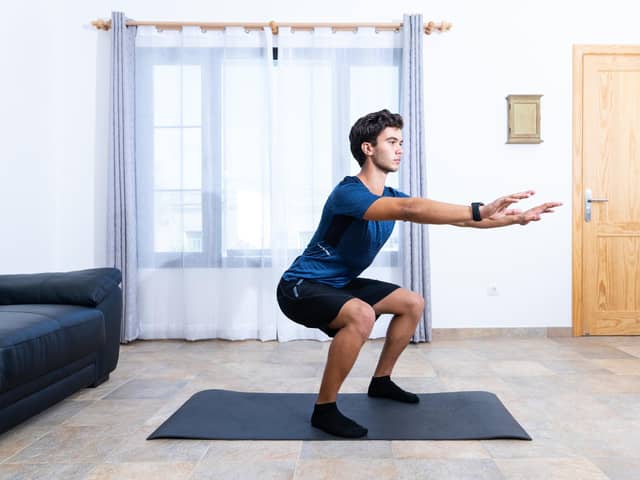 The squat exercise is included in a number of the challenges.