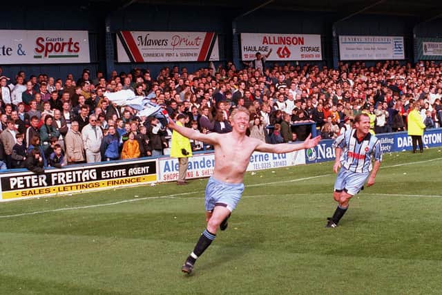 Joe Allon, seen here scoring a late winner for Hartlepool at Darlington in 1997, was a product of Washington New Town under-18s.