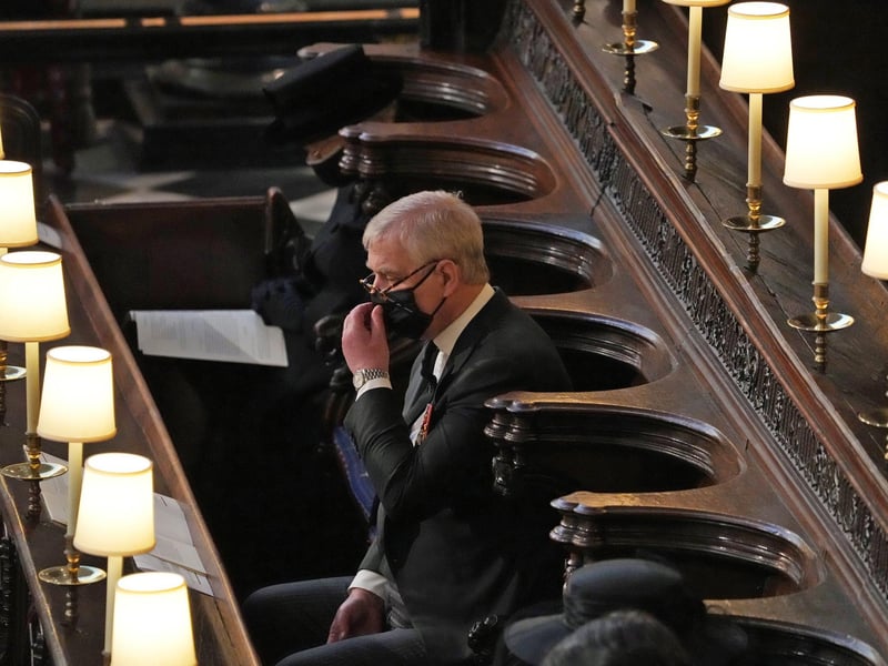 Sombre figure cuts Prince Andrew at the Duke of Edinburgh's funeral in St George’s Chapel, Windsor Castle. It was the Duke of York's first official royal appearance since stepping back from his duties in 2019.