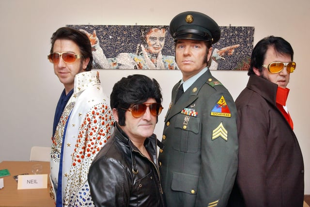 Four Elvis impersonators who took part in the Little Less Conversation exhibition at the Reg Vardy Gallery in 2005. Here are Neil Hanster, Mark Goddard, CJ Mack and Ralph Clark.