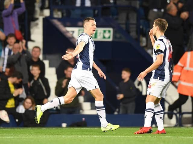 Jed Wallace celebrates after scoring for West Brom against Birmingham City. (Photo by Tony Marshall/Getty Images)
