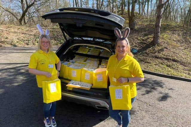 Founders of The Special Lioness charity, Amy Howes (left) and Claire Stewart delivering Easter packs to vulnerable children