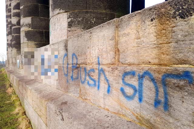 Graffiti has been daubed on a 16-feet length of the south-facing section of Penshaw Monument's plinth.