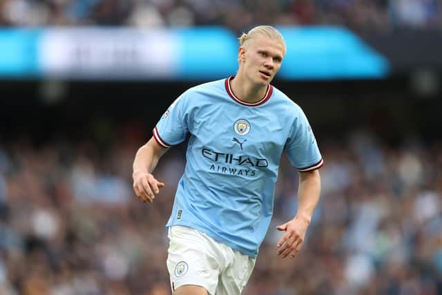 MANCHESTER, ENGLAND - OCTOBER 22:  Erling Haaland of Manchester City during the Premier League match between Manchester City and Brighton & Hove Albion at Etihad Stadium on October 22, 2022 in Manchester, England. (Photo by Julian Finney/Getty Images)