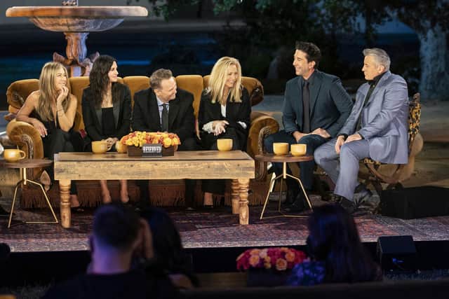 Jennifer Aniston, Courteney Cox, Lisa Kudrow, Matt LeBlanc, Matthew Perry and David Schwimmer reunited for a one-off special. Picture: Terence Patrick/HBO Max/PA Wire.