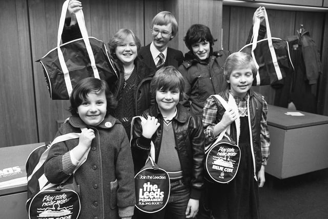 Chipper Club crossword puzzle competition winners receive their prizes in 1982. Sponsored by the Leeds Permanent Building Society, the competition saw winners receive a bag presented by Malcolm McMaster from the Leeds. Pictured with Mr McMaster, (back row, left to right) Jill Berston, Philip Richardson, (front row, left to right), Nicola Ann Joyce, David Onion and Victoria Maw.