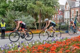Triathletes make their way through Roker Park at this year's event