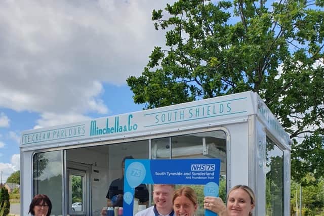 Trust staff at St Benedict's Hospice enjoy a Minchella and Co ice cream as part of the NHS 75 celebrations.
