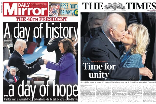 The Daily Mirror called yesterday " a day of hope", while The Times echoed Mr Biden's call for unity in America.