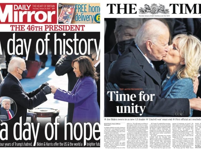The Daily Mirror called yesterday " a day of hope", while The Times echoed Mr Biden's call for unity in America.
