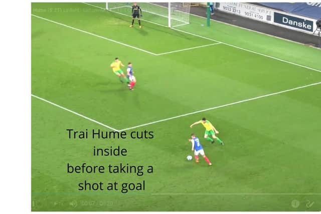 Figure three: Trai Hume cuts inside before taking a shot against Cliftonville (WyScout).