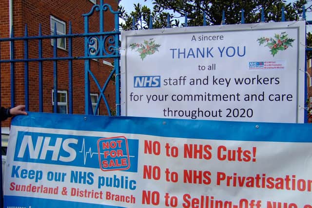 'Thank you' signs unveiled by the Sunderland branch of the Keep Our NHS Public (KONP) campaign at Sunderland Royal Hospital KONP
