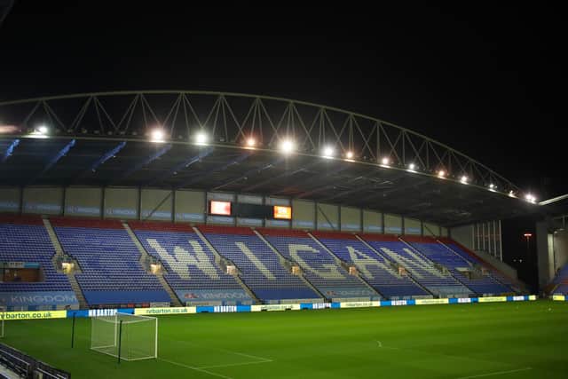 WIGAN, ENGLAND - NOVEMBER 10: A general view of the DW Stadium, home stadium of Wigan Athletic during the Papa John's Trophy EFL Trophy Group C game between Wigan Athletic and Shrewsbury Town at the DW Stadium on November 10, 2021 in Wigan, England. (Photo by Robbie Jay Barratt - AMA/Getty Images)