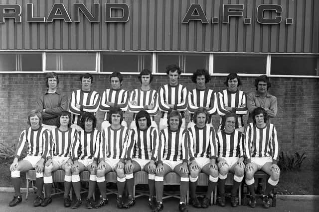 The Sunderland AFC first team squad in July 1972. Derek Forster is at the right on the back row and Jimmy Hamilton is third from left in the front row