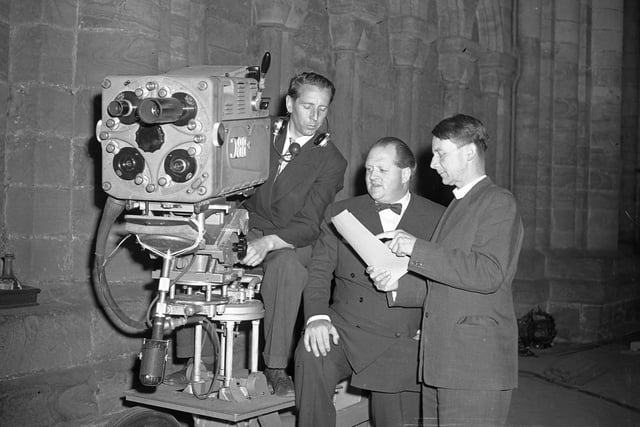 Richard Dimbleby and a TV crew were pictured at Durham Cathedral in 1957.