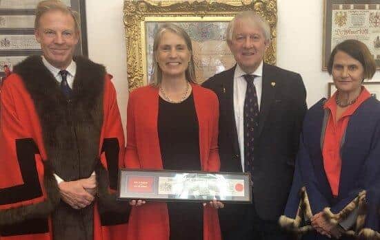 Durham University Chancellor Dr Fiona Hill (second left) has received the Freedom of the City of London and was admitted to the Livery of the Haberdashers’ Company.